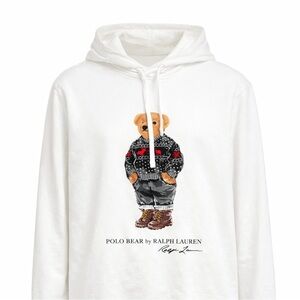 Ralph Lauren White Hooded Long Sleeve TShirt with Polo Bear Design